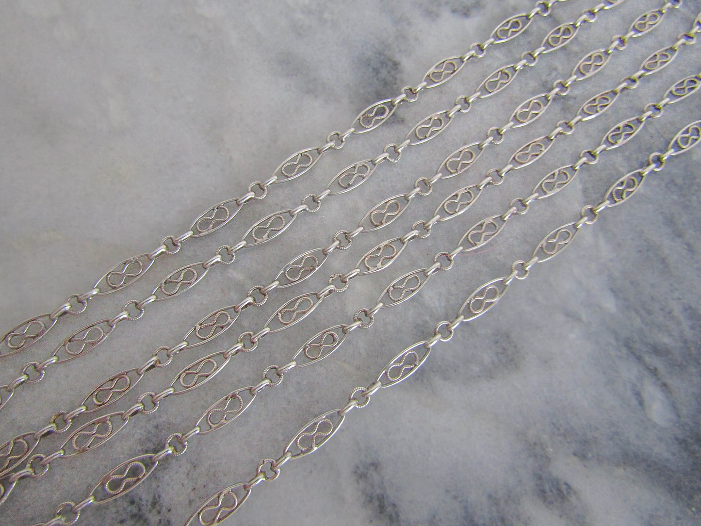 52" Antique Silver Infinity Knot Long Guard Chain, French Chatelaine Chain with Hanging Bolt Ring