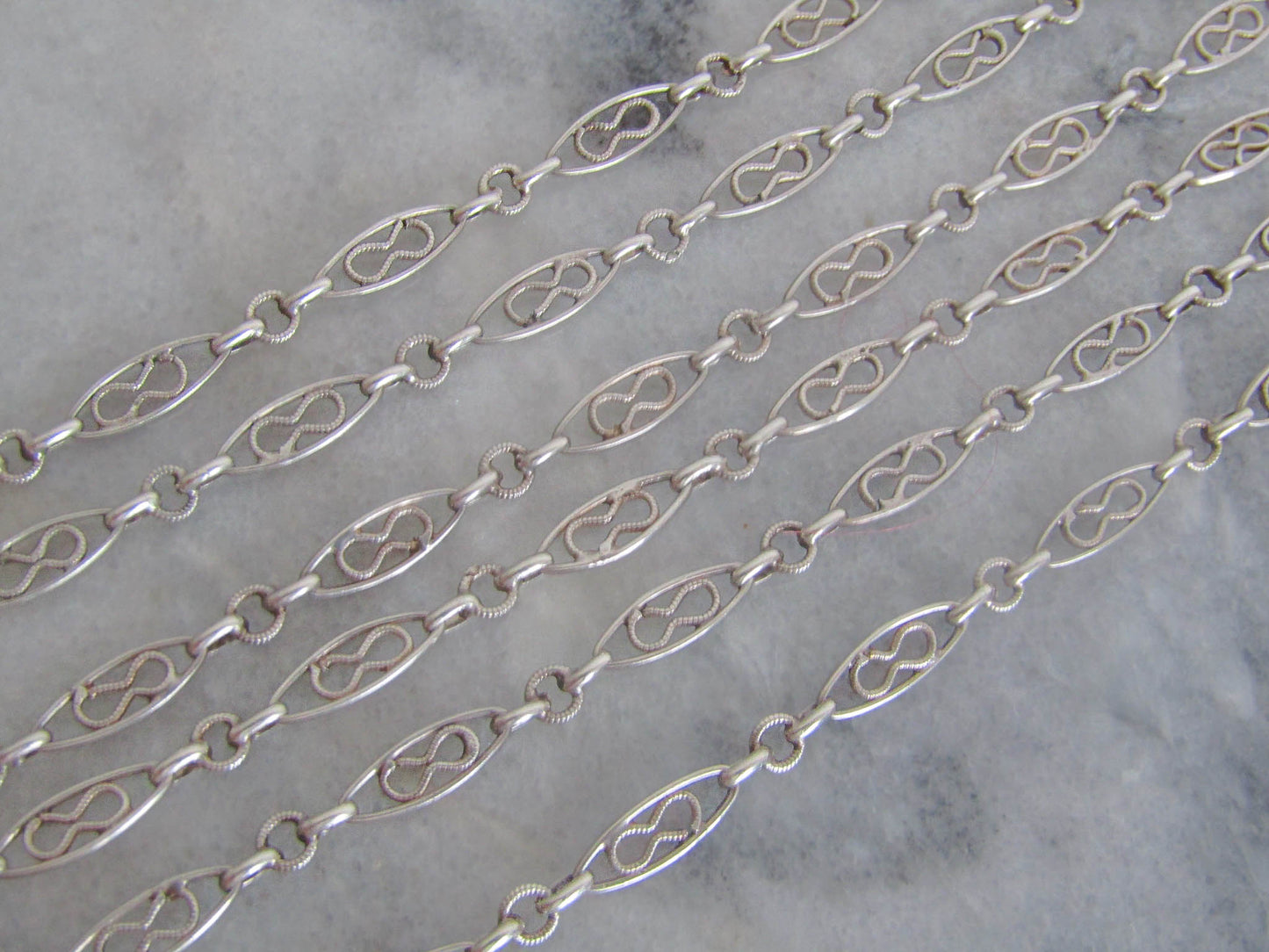 52" Antique Silver Infinity Knot Long Guard Chain, French Chatelaine Chain with Hanging Bolt Ring