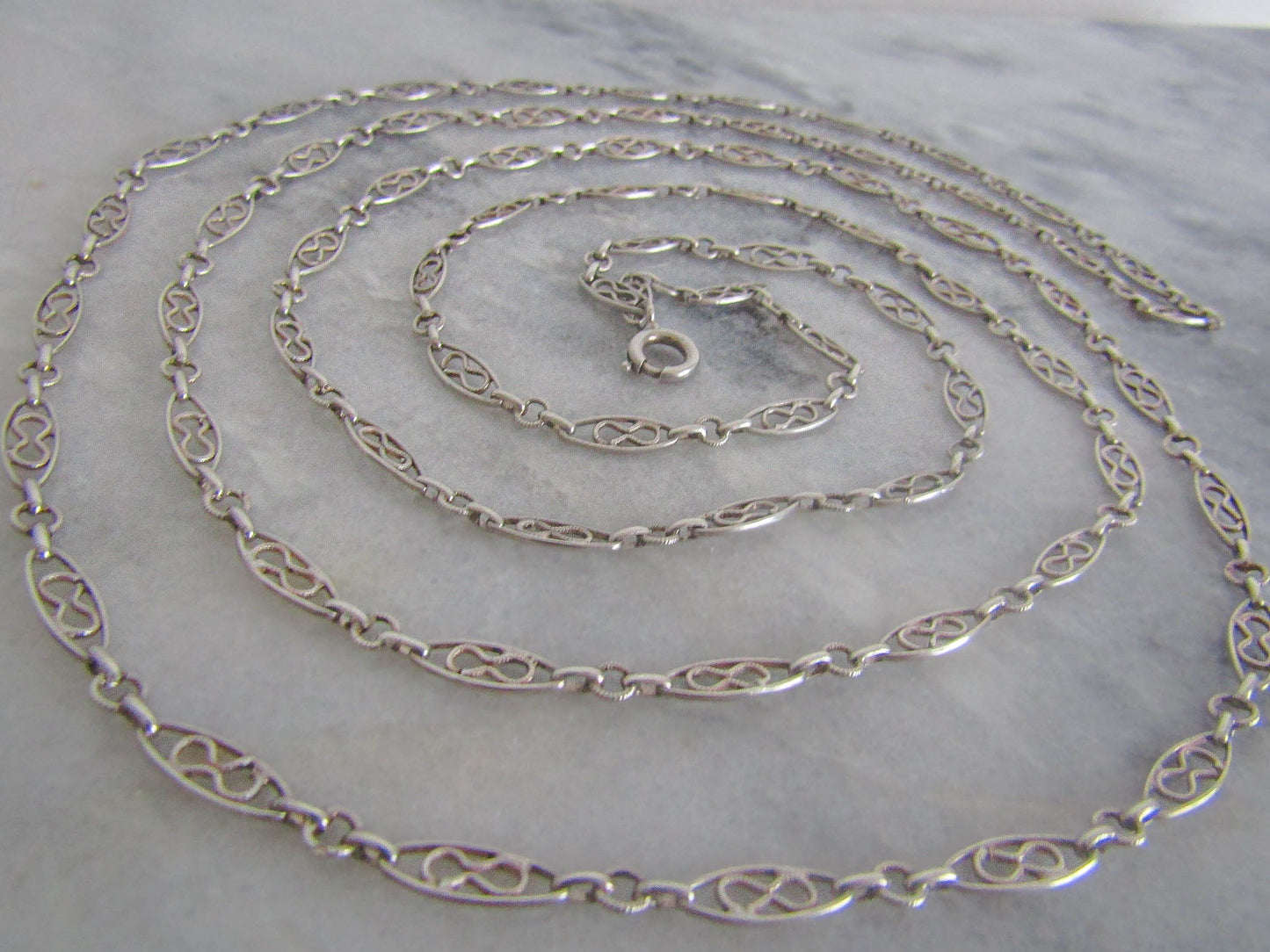 52" Antique Silver Infinity Knot Long Guard Chain, French Chatelaine Chain with Hanging Bolt Ring