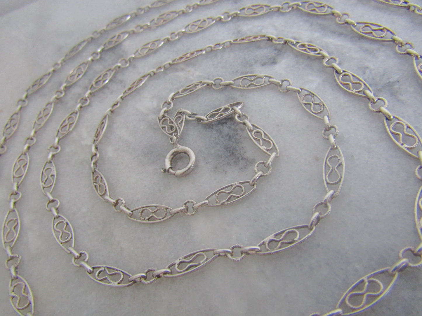 52" Antique Silver Infinity Knot Long Guard Chain, French Chatelaine Chain with Hanging Bolt Ring