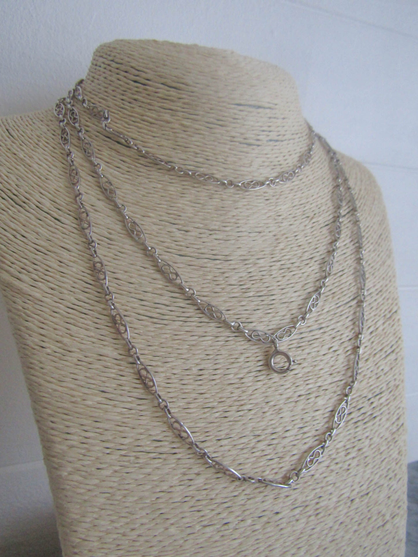 52" Antique Silver Infinity Knot Long Guard Chain, French Chatelaine Chain with Hanging Bolt Ring