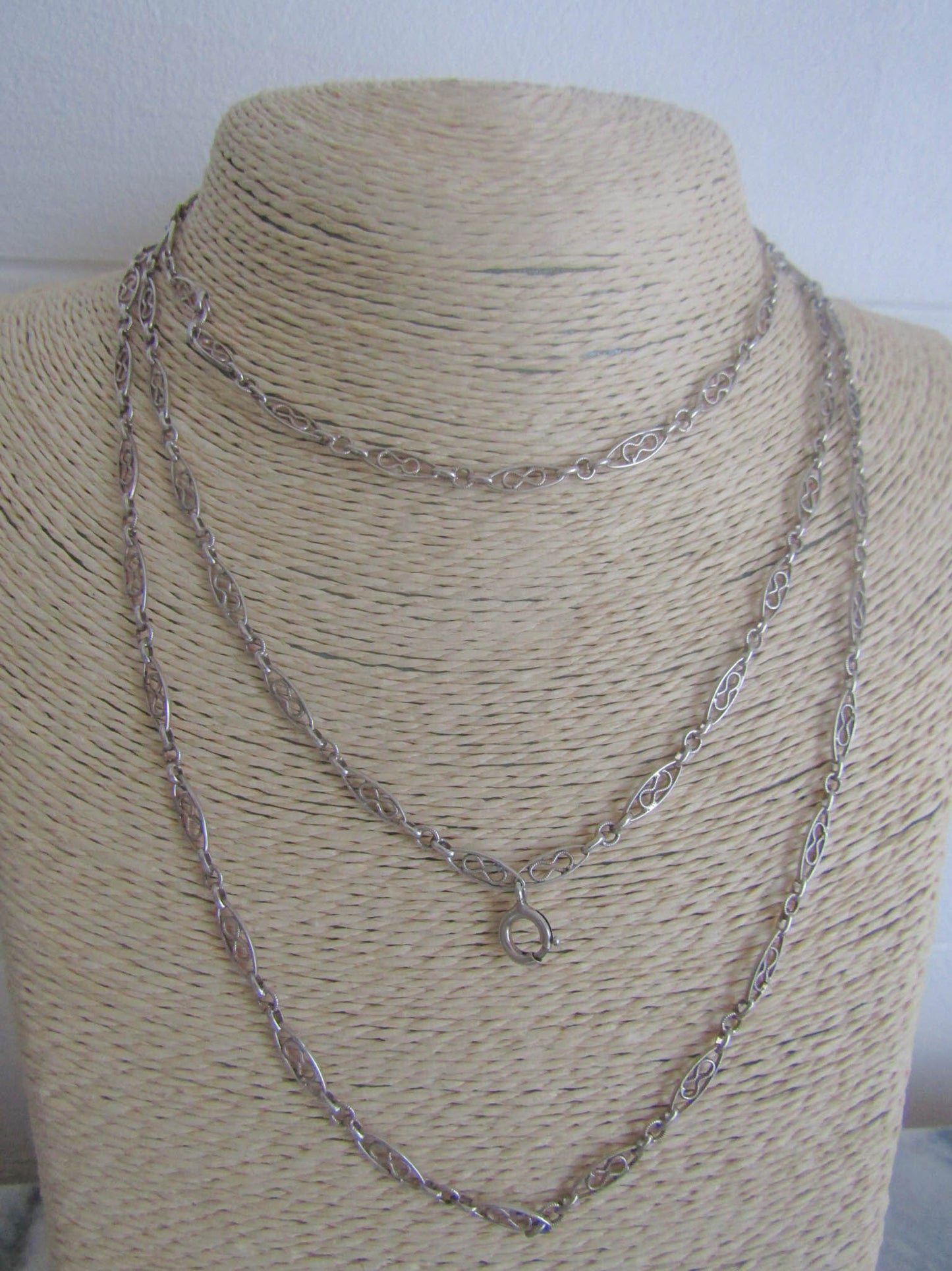 52" Antique Silver Infinity Knot Long Guard Chain, French Chatelaine Chain with Hanging Bolt Ring