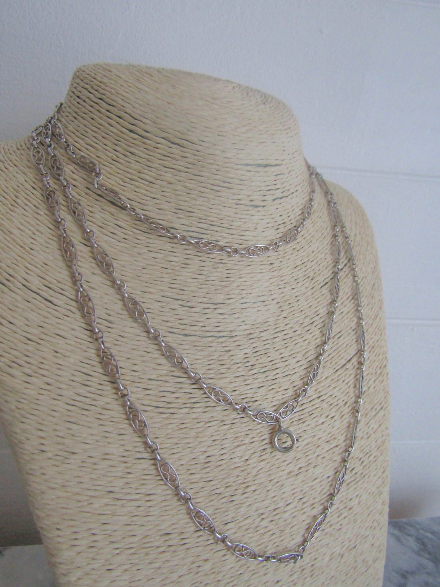 52" Antique Silver Infinity Knot Long Guard Chain, French Chatelaine Chain with Hanging Bolt Ring