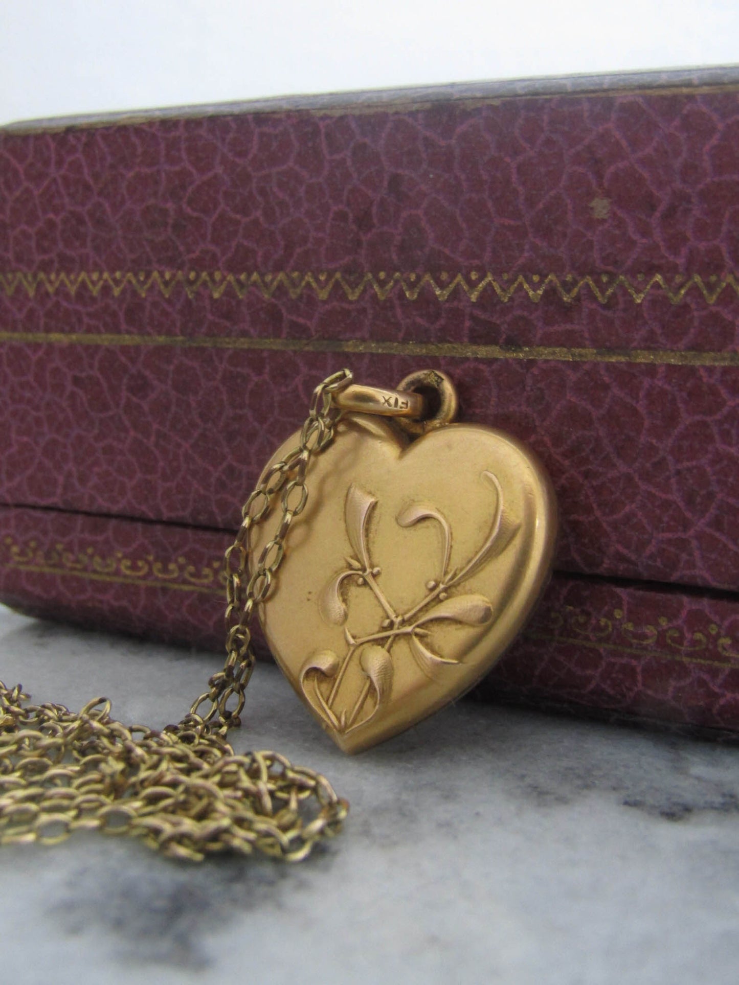 Antique French Fix Heart Pendant Necklace, Vintage Gold Filled Mistletoe Pendant