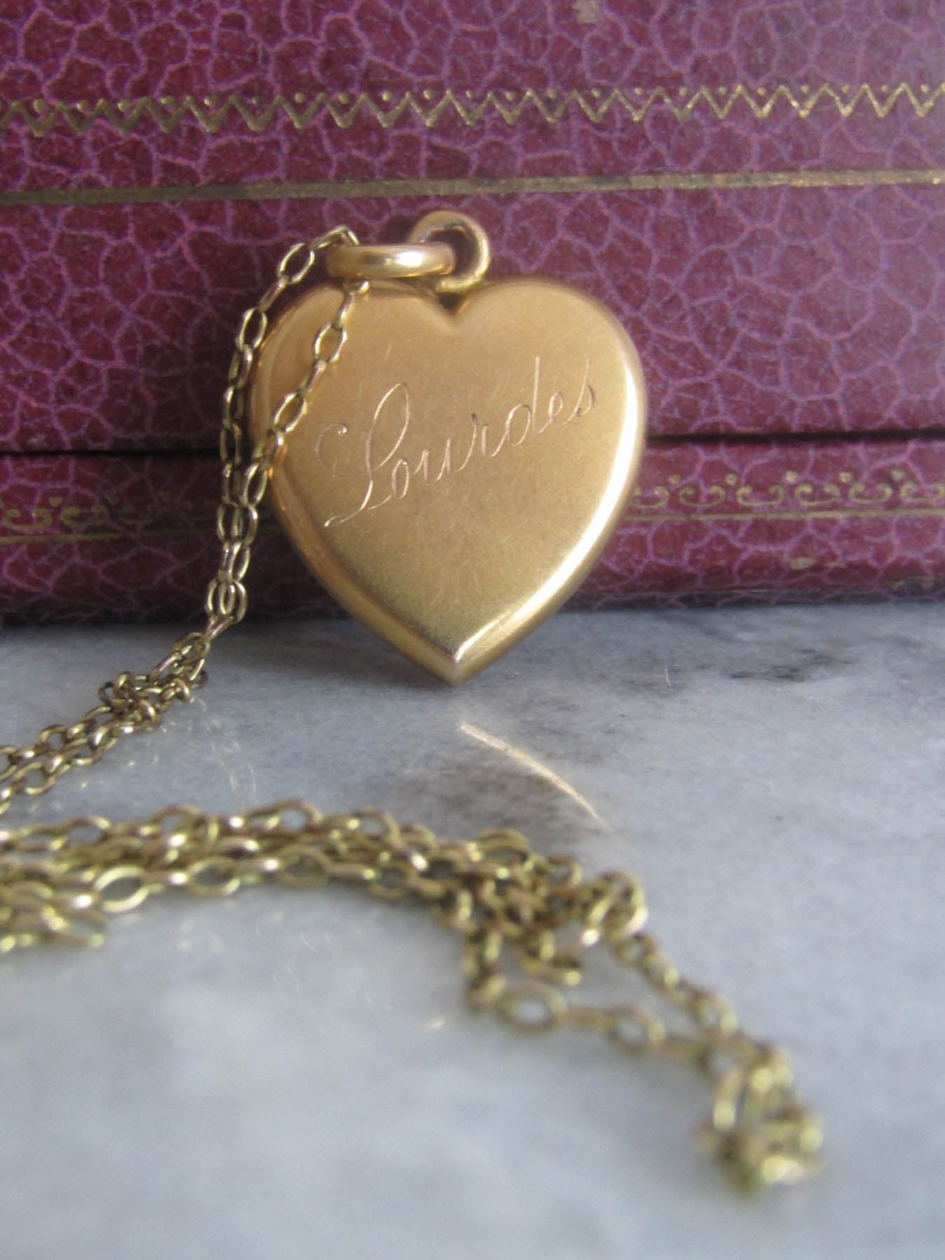 Antique French Fix Heart Pendant Necklace, Vintage Gold Filled Mistletoe Pendant