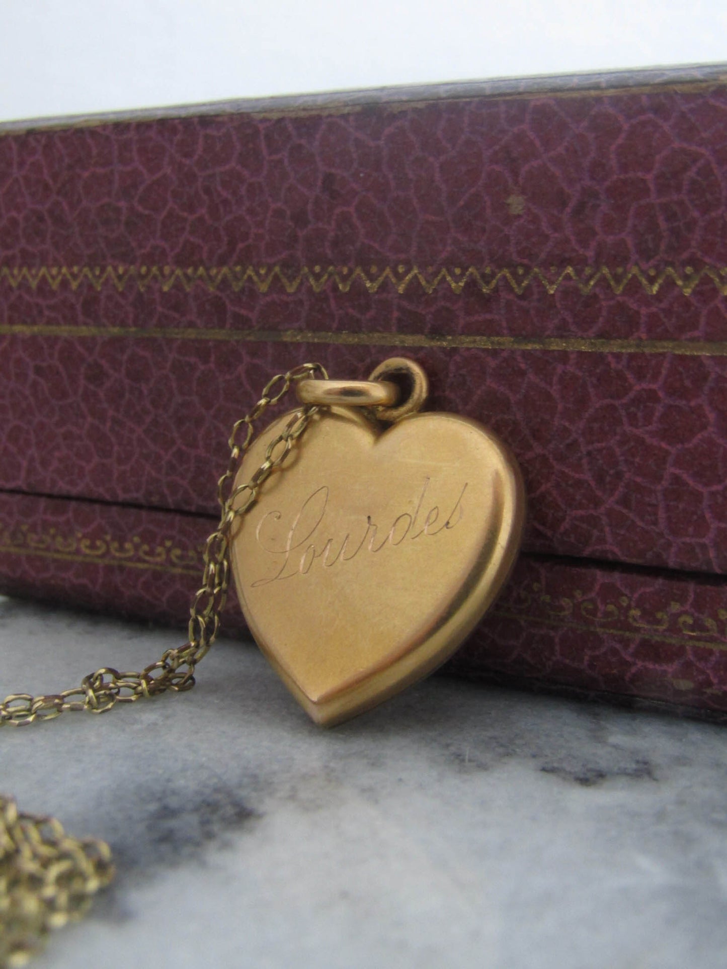 Antique French Fix Heart Pendant Necklace, Vintage Gold Filled Mistletoe Pendant