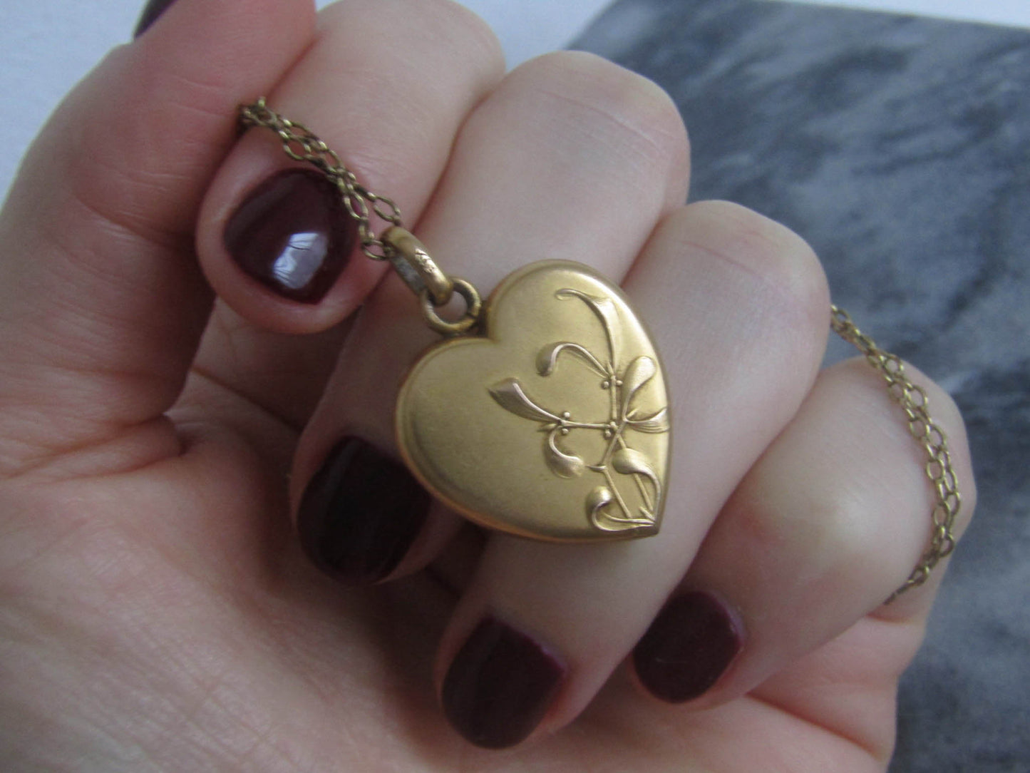 Antique French Fix Heart Pendant Necklace, Vintage Gold Filled Mistletoe Pendant