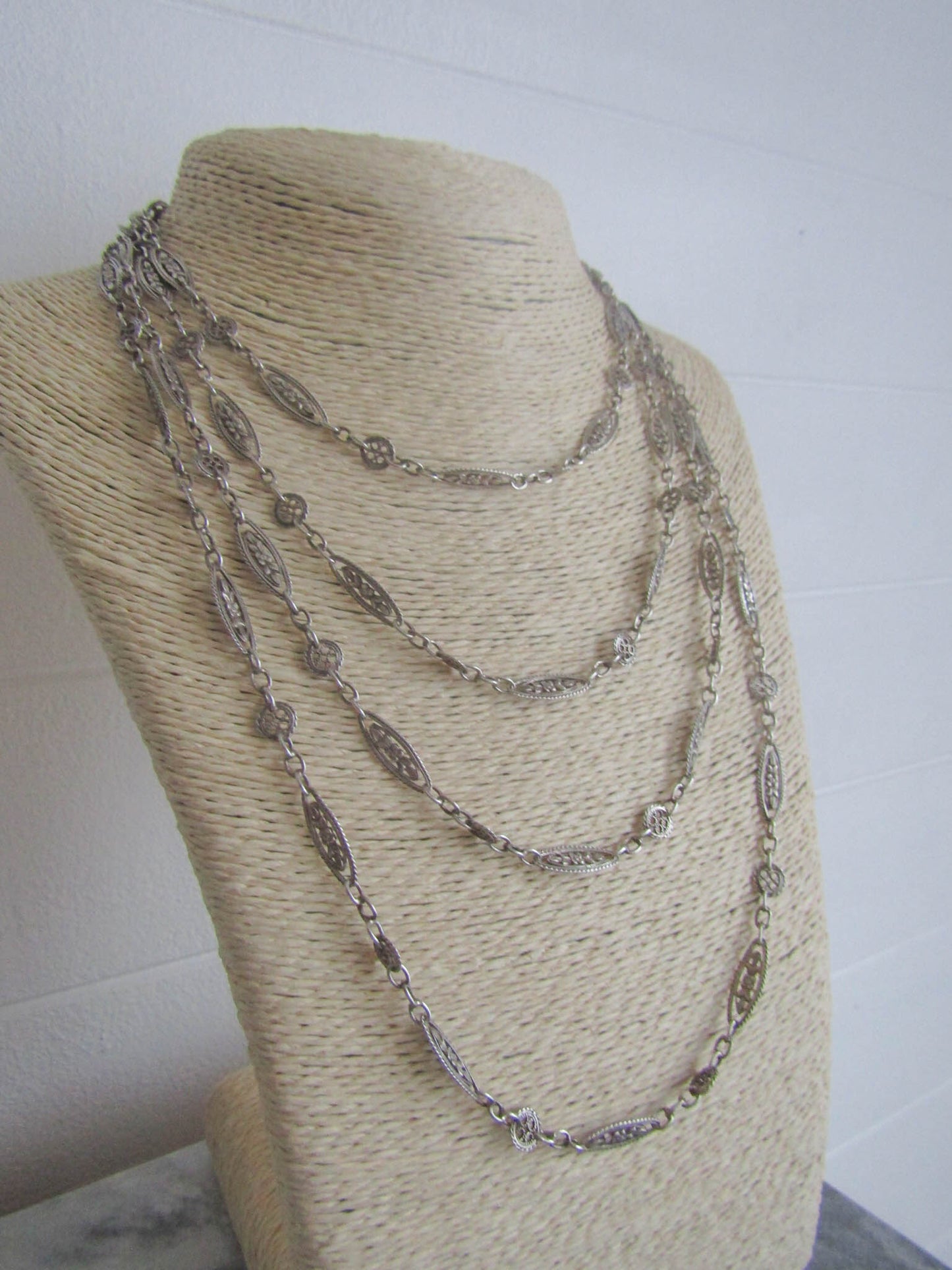 EXTRA LONG Antique Silver Long Guard Chain, Victorian Antique French Muff Chain with Original Bolt Ring