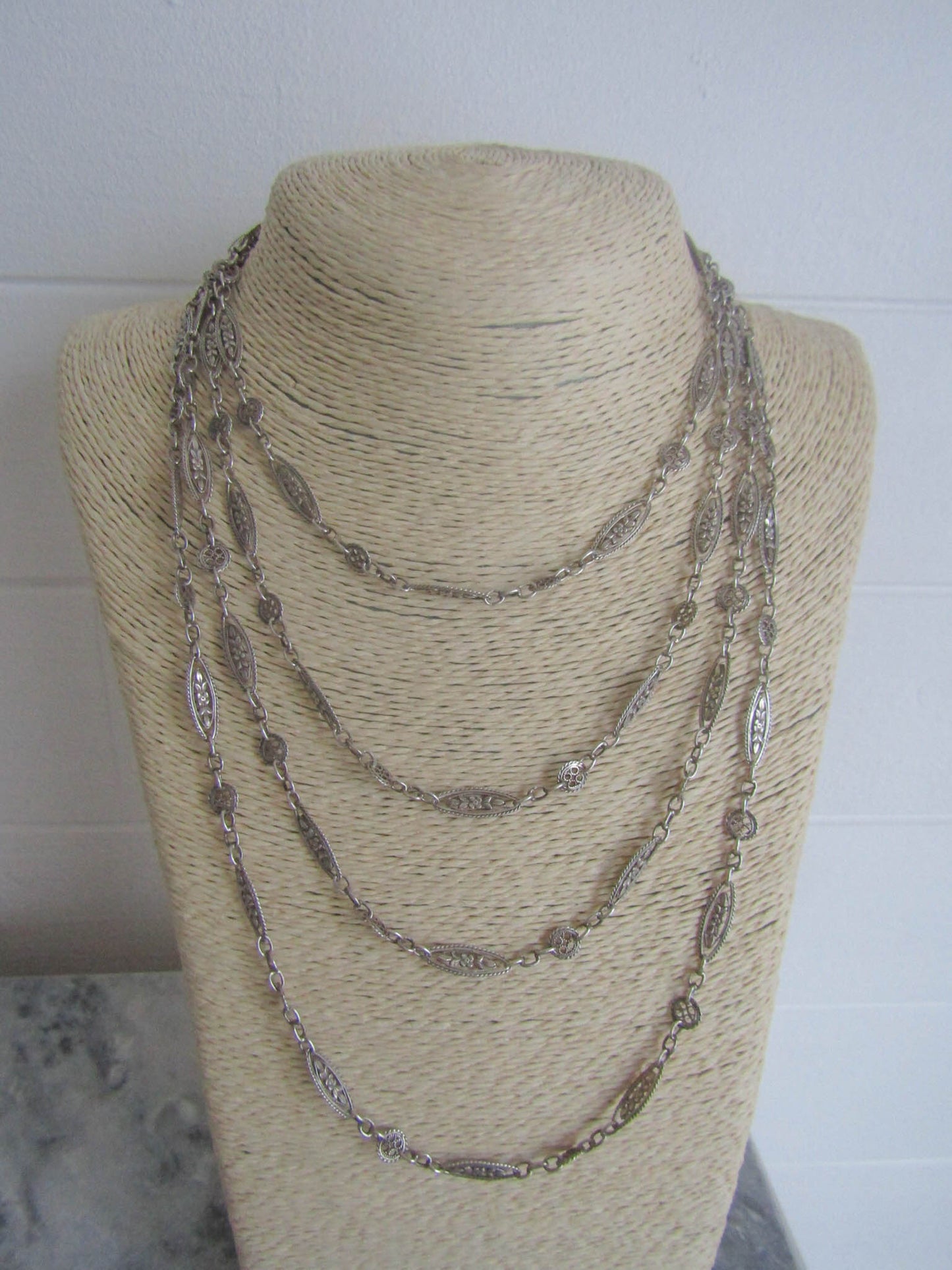 EXTRA LONG Antique Silver Long Guard Chain, Victorian Antique French Muff Chain with Original Bolt Ring