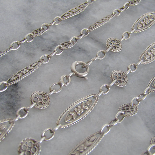 EXTRA LONG Antique Silver Long Guard Chain, Victorian Antique French Muff Chain with Original Bolt Ring