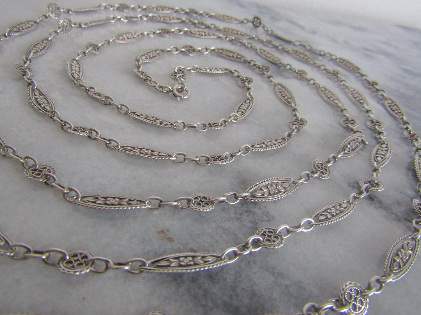 EXTRA LONG Antique Silver Long Guard Chain, Victorian Antique French Muff Chain with Original Bolt Ring