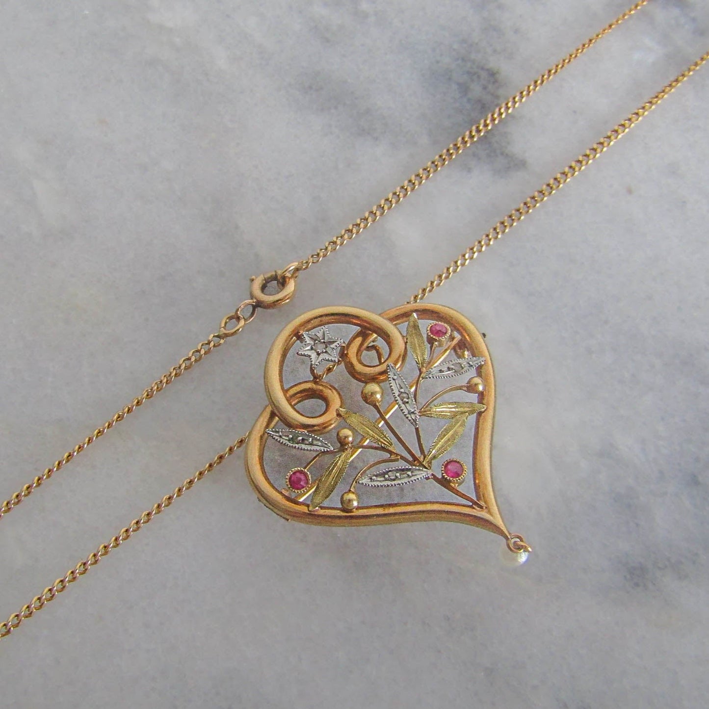 Art Nouveau 18K Pendant Heart Necklace, Convertible French Antique Brooch Pendant