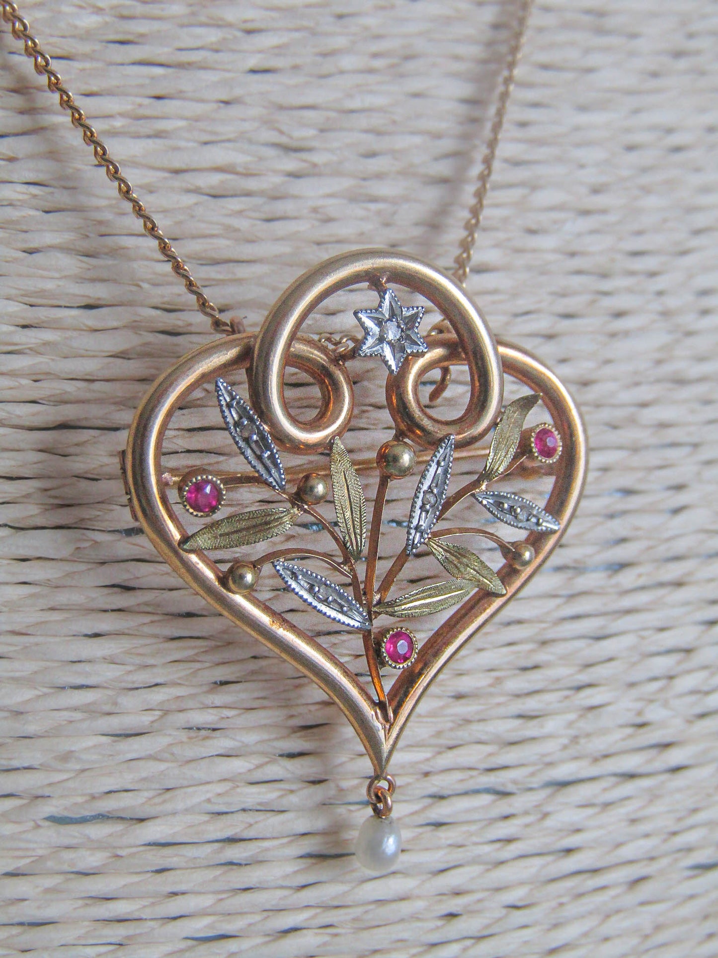 Art Nouveau 18K Pendant Heart Necklace, Convertible French Antique Brooch Pendant