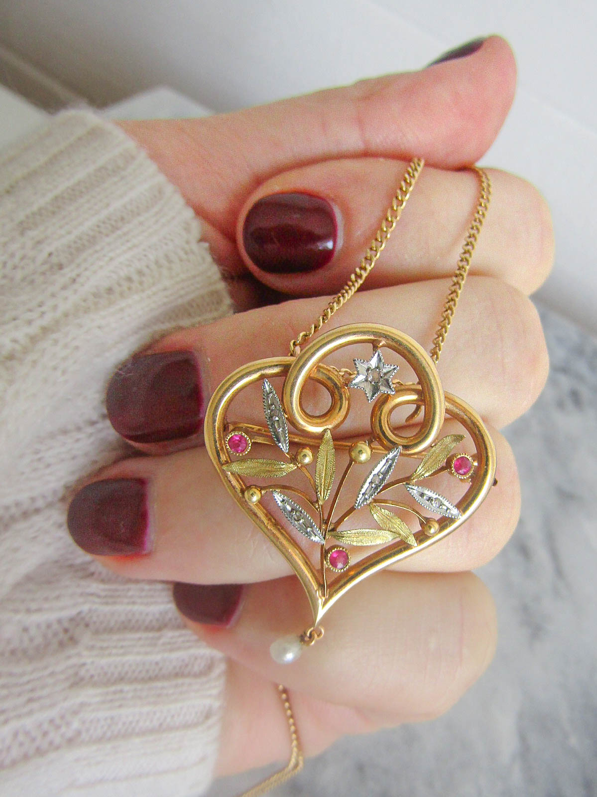 Art Nouveau 18K Pendant Heart Necklace, Convertible French Antique Brooch Pendant