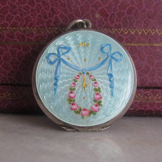 Antique Guilloche Engine Turned Enamel Locket, Hand Painted Floral Locket c. 1920