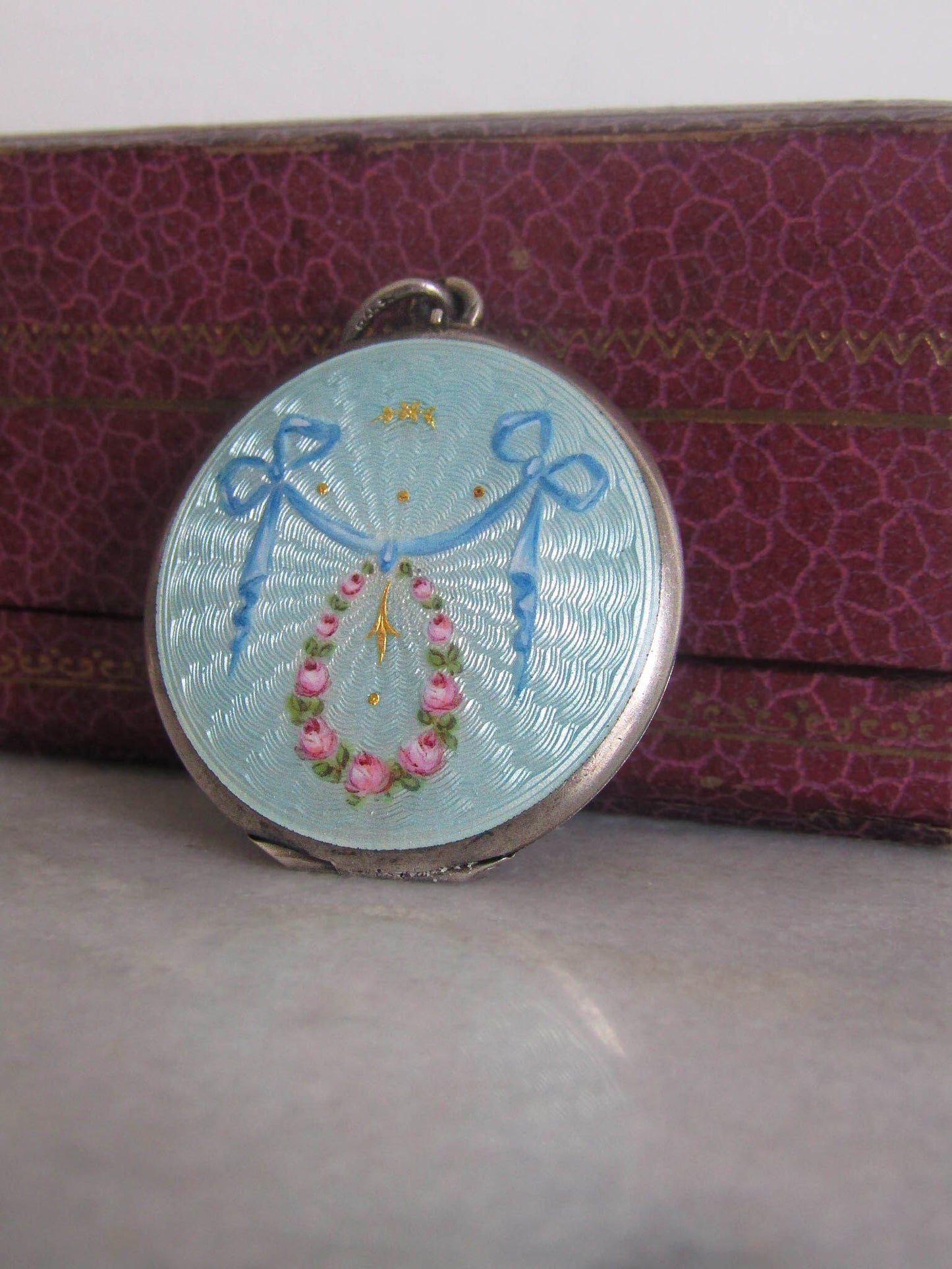 Antique Guilloche Engine Turned Enamel Locket, Hand Painted Floral Locket c. 1920