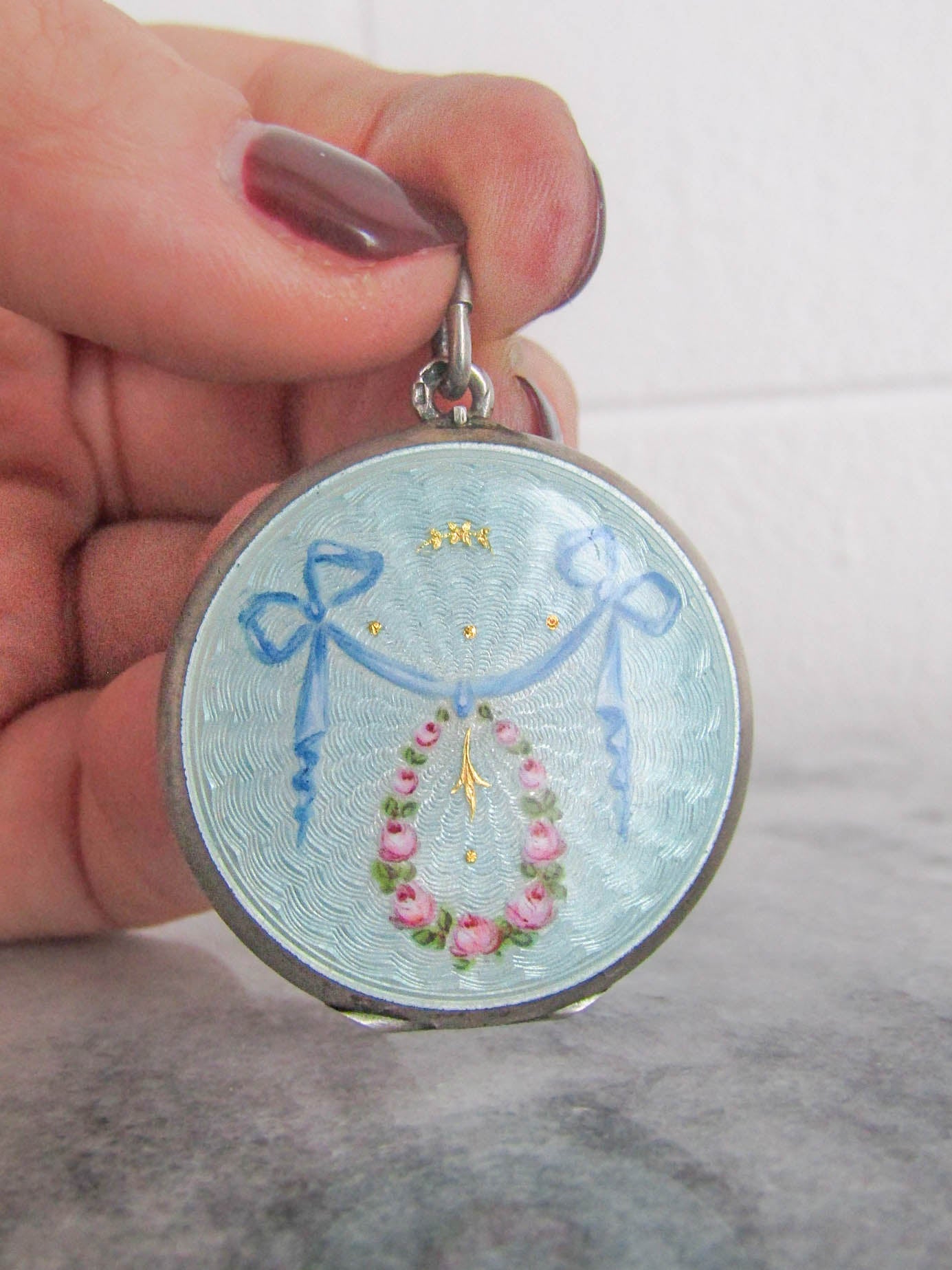 Antique Guilloche Engine Turned Enamel Locket, Hand Painted Floral Locket c. 1920