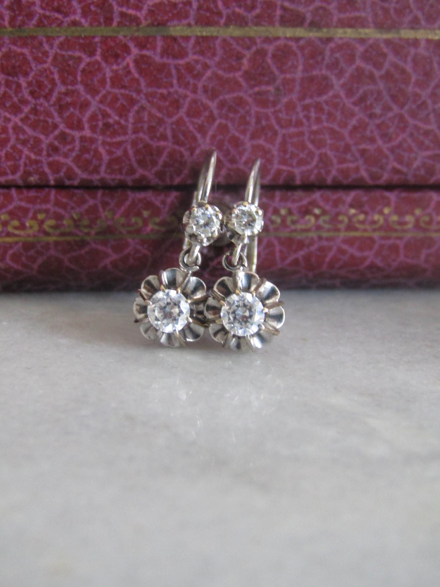 Antique 18k White Gold Rock Crystal Trembluese Drop Earrings c.1930