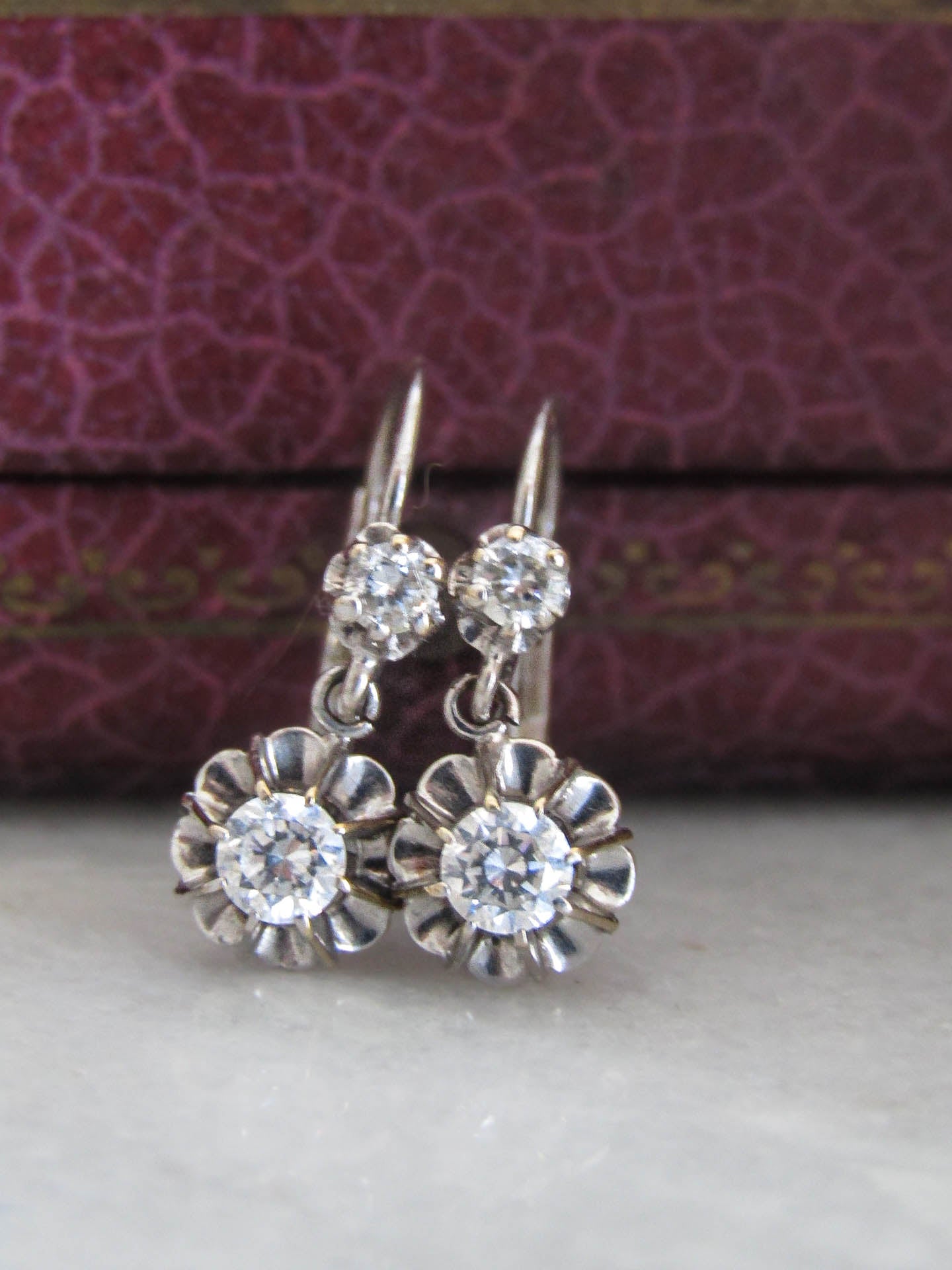 Antique 18k White Gold Rock Crystal Trembluese Drop Earrings c.1930