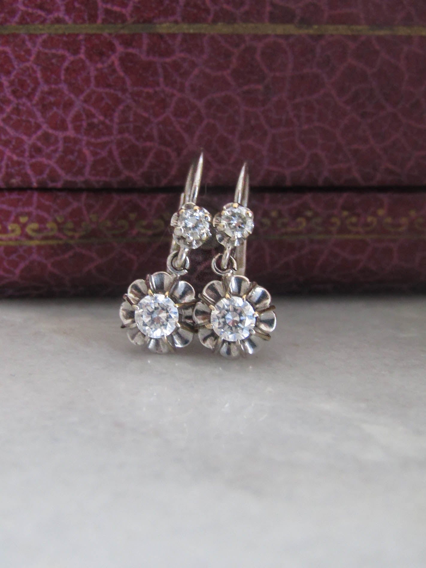 Antique 18k White Gold Rock Crystal Trembluese Drop Earrings c.1930