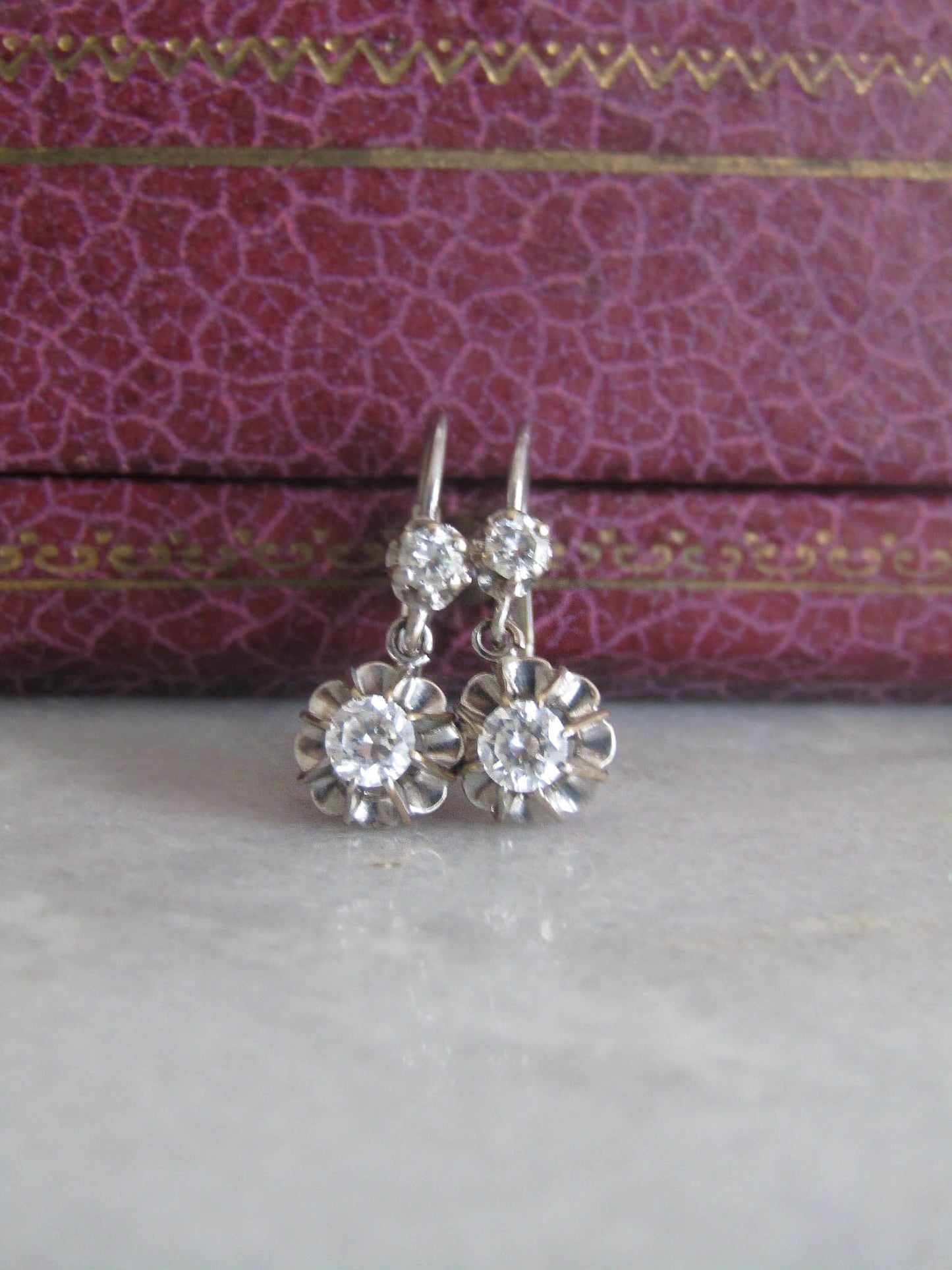 Antique 18k White Gold Rock Crystal Trembluese Drop Earrings c.1930