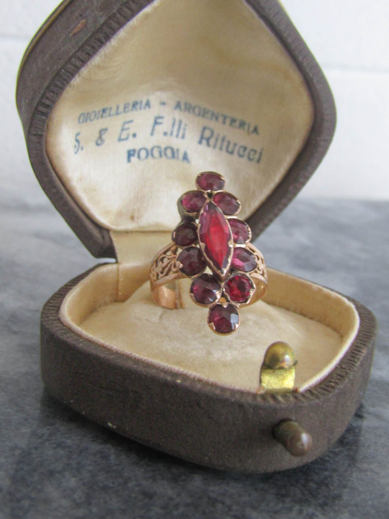 Large 18K Perpignan Garnet Ring, Antique French Foil Backed Garnet Catalan Ring