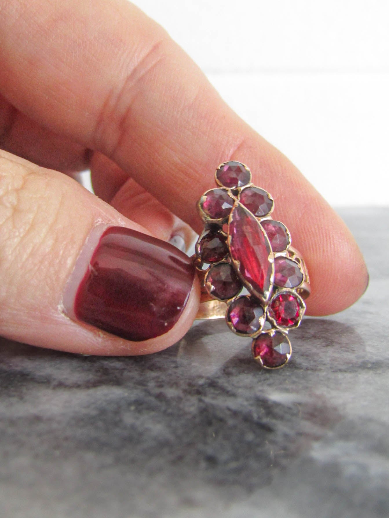 Large 18K Perpignan Garnet Ring, Antique French Foil Backed Garnet Catalan Ring