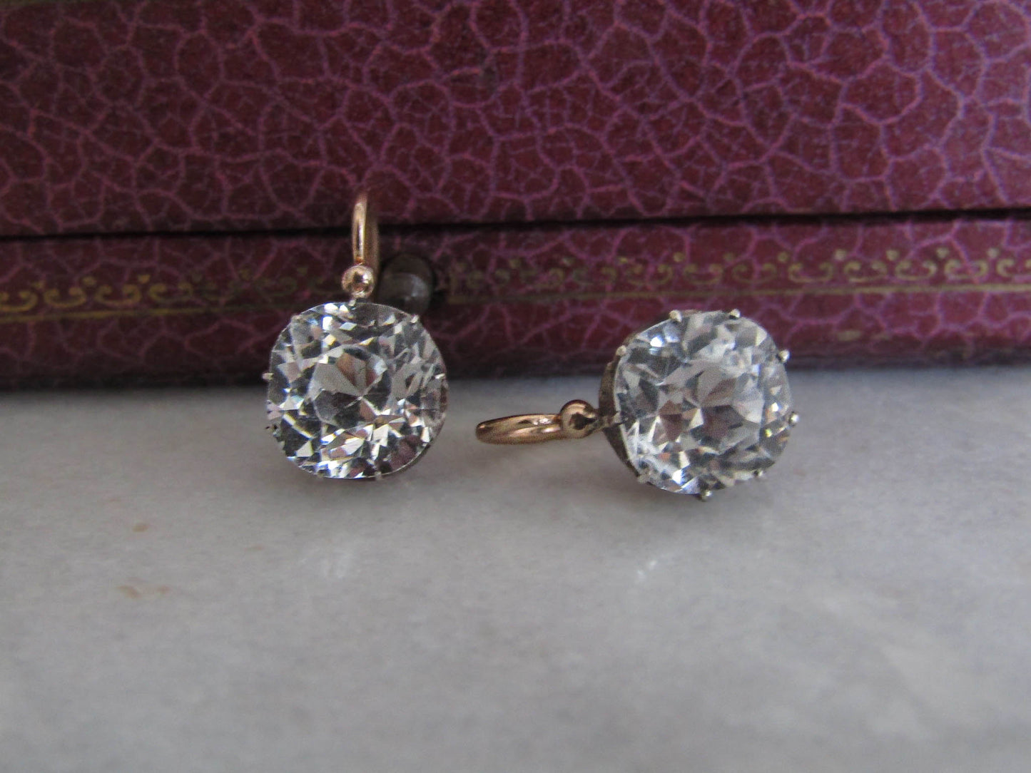 Antique Large Old Mine Cut Rock Crystal Earrings, XIX Century Silver and 18K Gold Drop Earrings