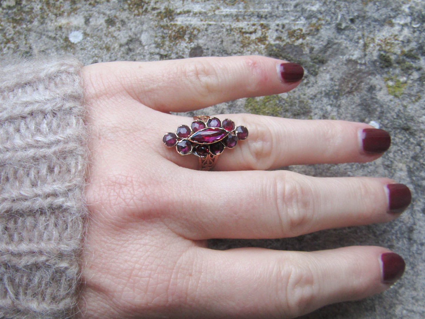 Large 18K Perpignan Garnet Ring, Antique French Foil Backed Garnet Catalan Ring