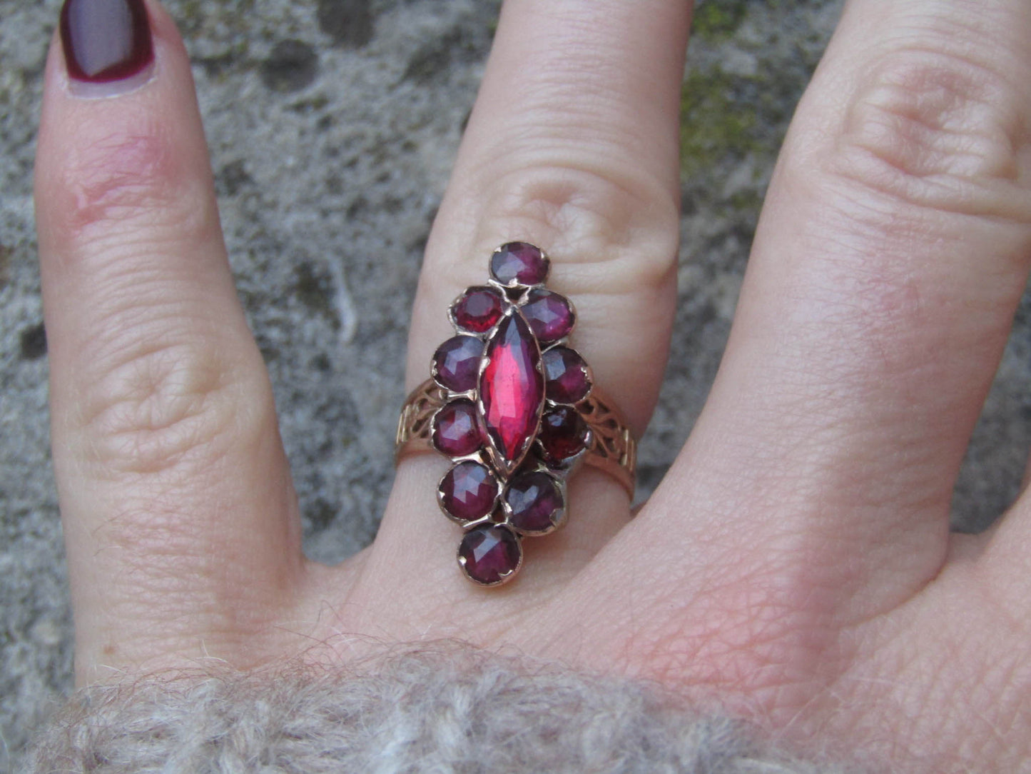 Large 18K Perpignan Garnet Ring, Antique French Foil Backed Garnet Catalan Ring