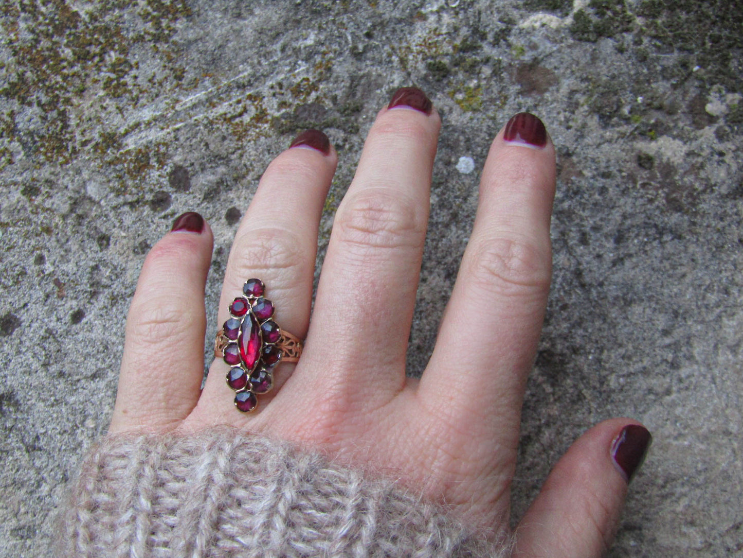 Large 18K Perpignan Garnet Ring, Antique French Foil Backed Garnet Catalan Ring