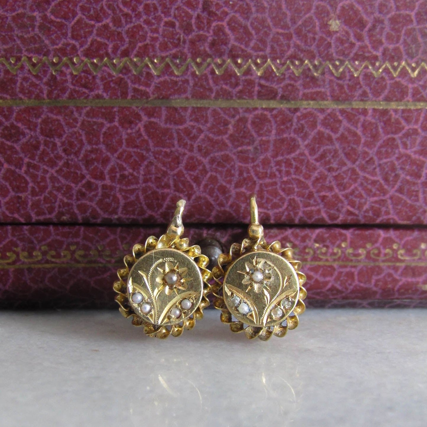 18K French Floral Drop Earrings with Twisted Frame, Antique French Victorian Floral Earrings