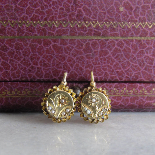 18K French Floral Drop Earrings with Twisted Frame, Antique French Victorian Floral Earrings