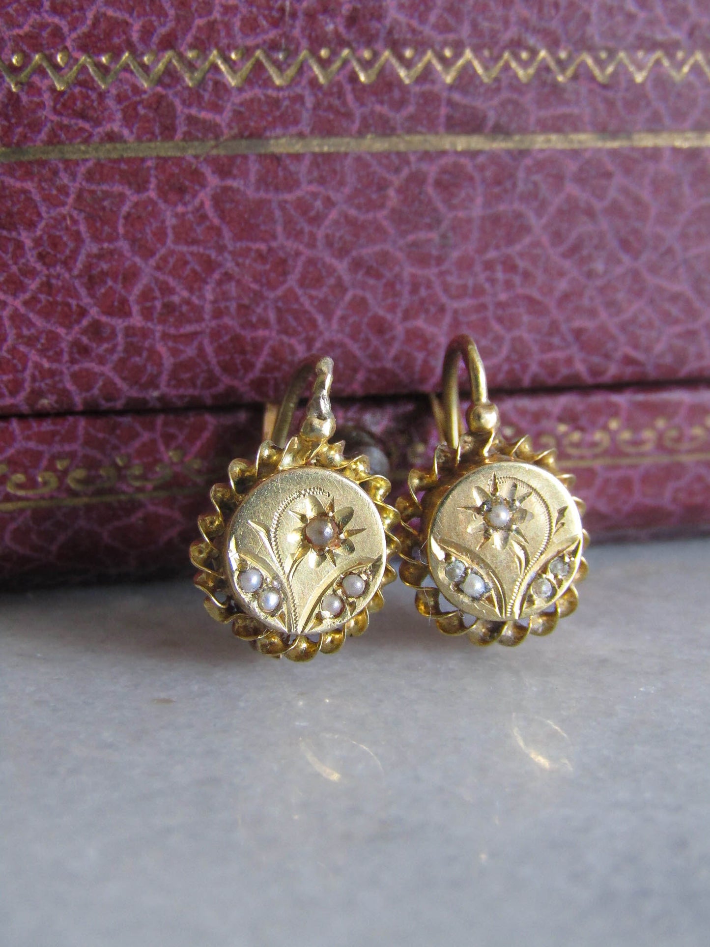 18K French Floral Drop Earrings with Twisted Frame, Antique French Victorian Floral Earrings