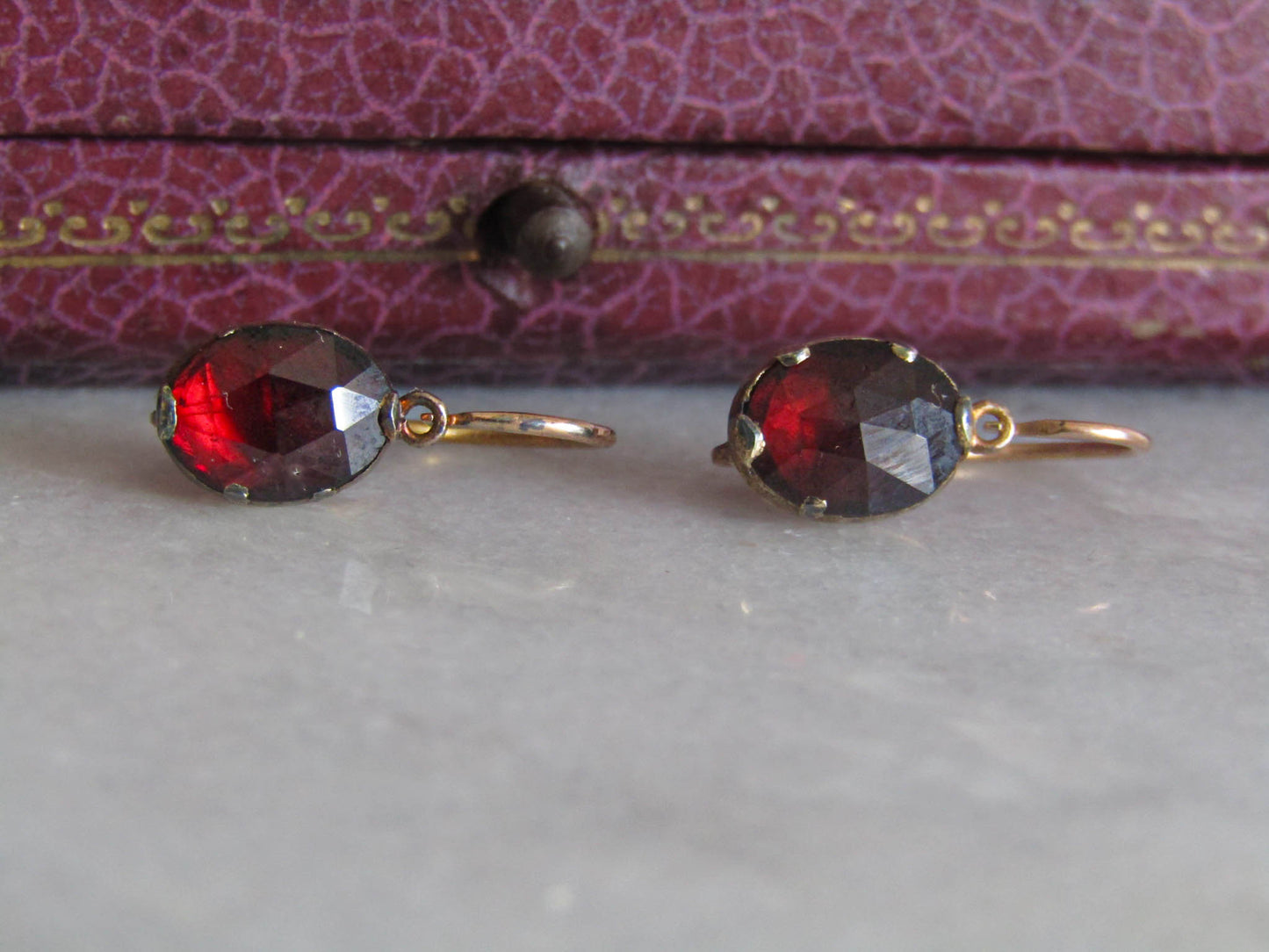 Antique French Perpignan Garnet Dormeuse Sleeper Earrings, XIX Century Rose Cut Garnet Drop Earrings