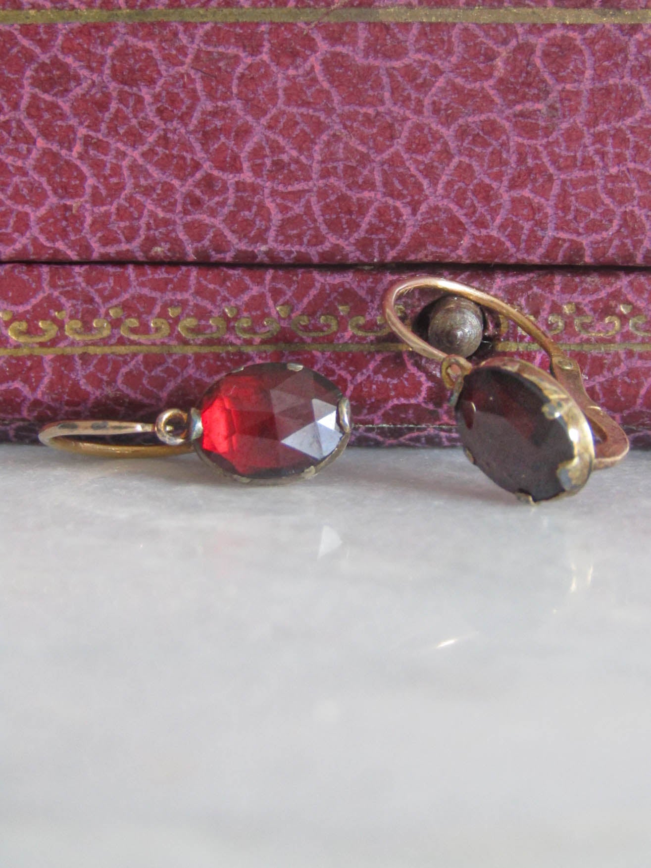 Antique French Perpignan Garnet Dormeuse Sleeper Earrings, XIX Century Rose Cut Garnet Drop Earrings