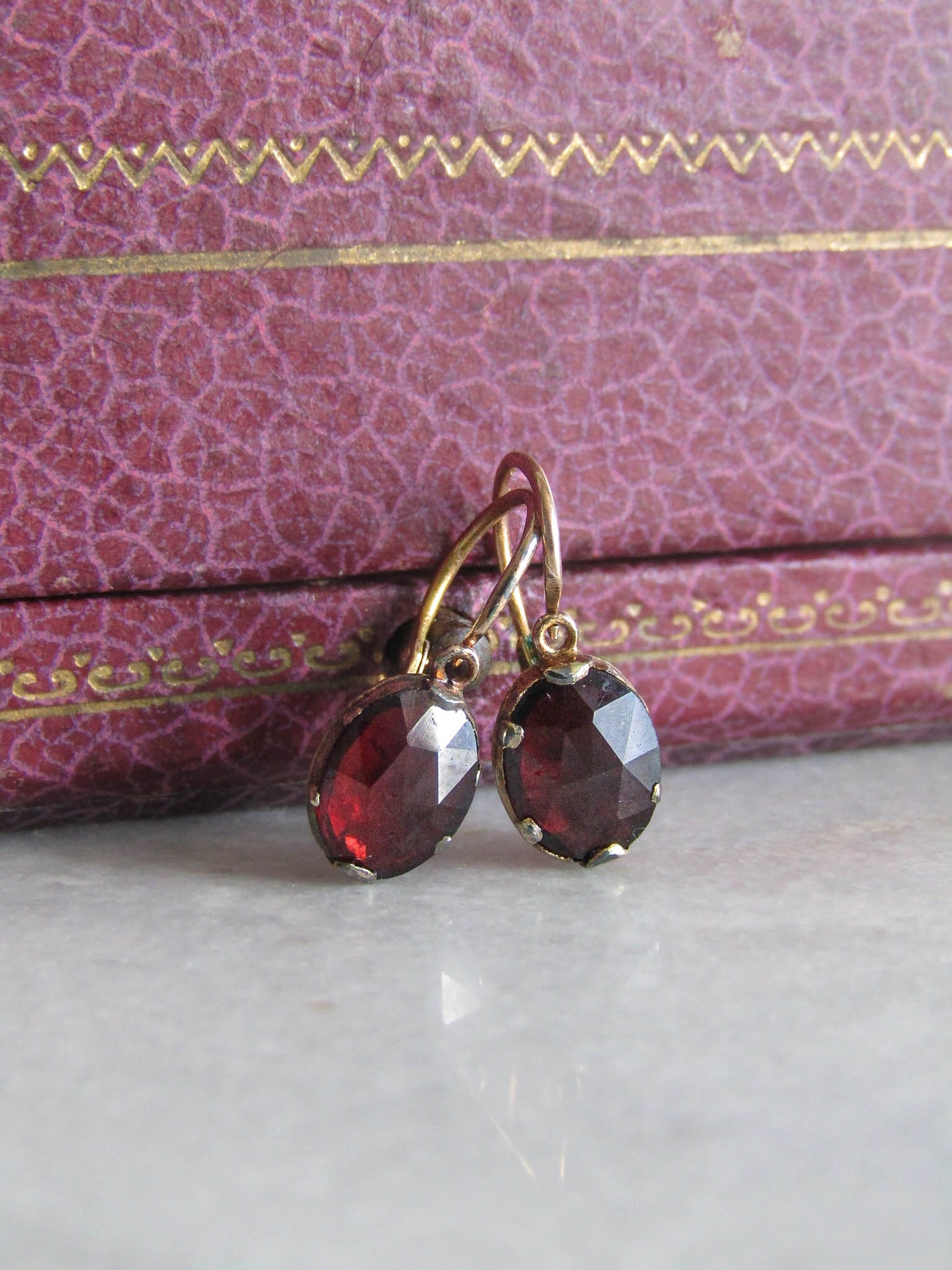 Antique French Perpignan Garnet Dormeuse Sleeper Earrings, XIX Century Rose Cut Garnet Drop Earrings