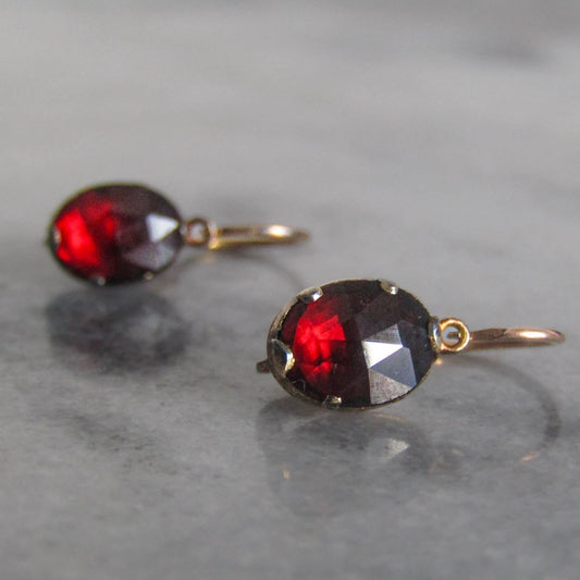 Antique French Perpignan Garnet Dormeuse Sleeper Earrings, XIX Century Rose Cut Garnet Drop Earrings