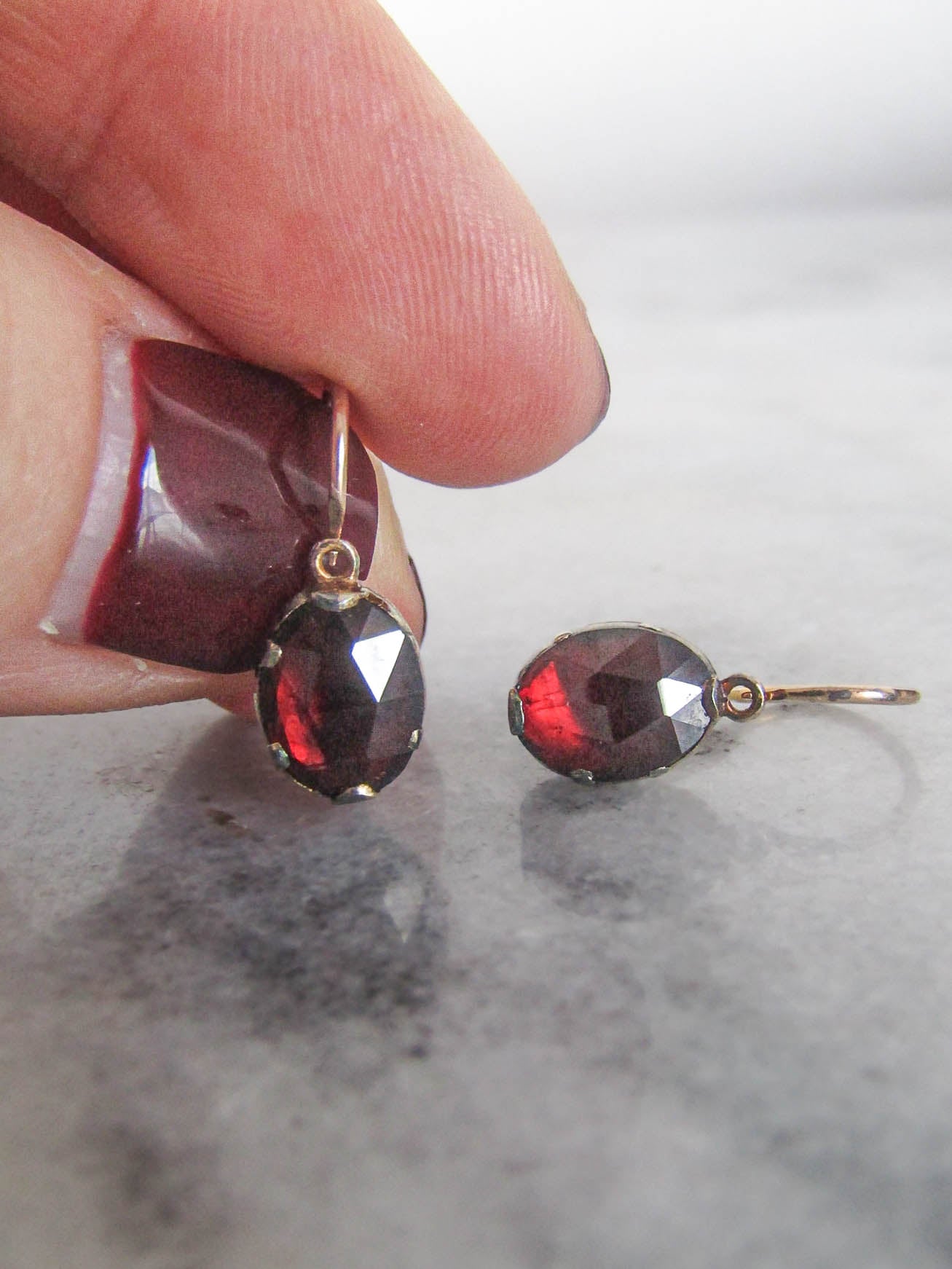 Antique French Perpignan Garnet Dormeuse Sleeper Earrings, XIX Century Rose Cut Garnet Drop Earrings