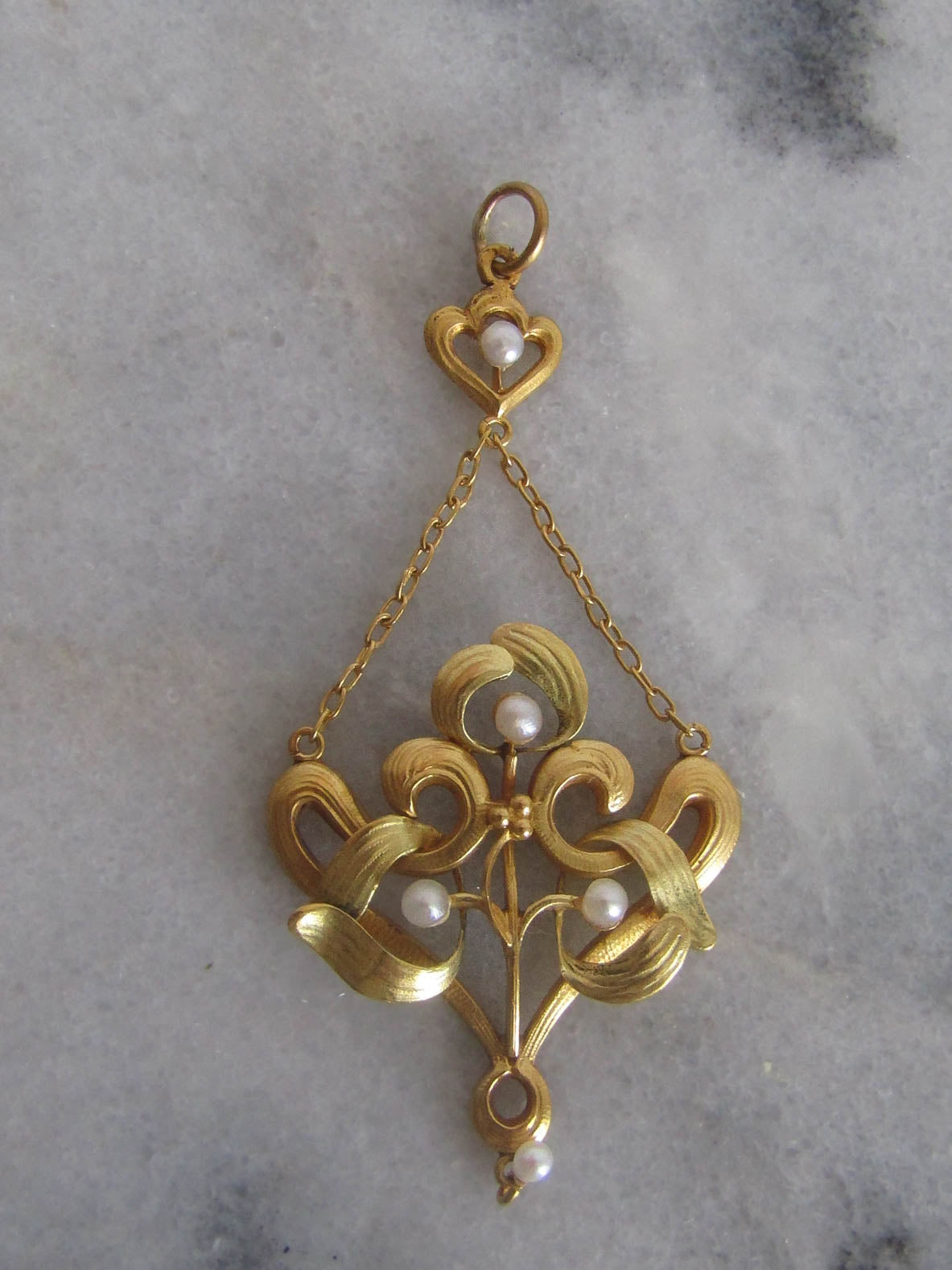 RESERVED | 18K gold Art Nouveau Mistletoe Pendant Lavaliere, Enameled V-pendant