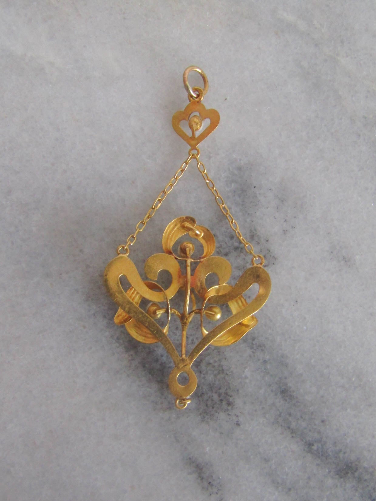 RESERVED | 18K gold Art Nouveau Mistletoe Pendant Lavaliere, Enameled V-pendant