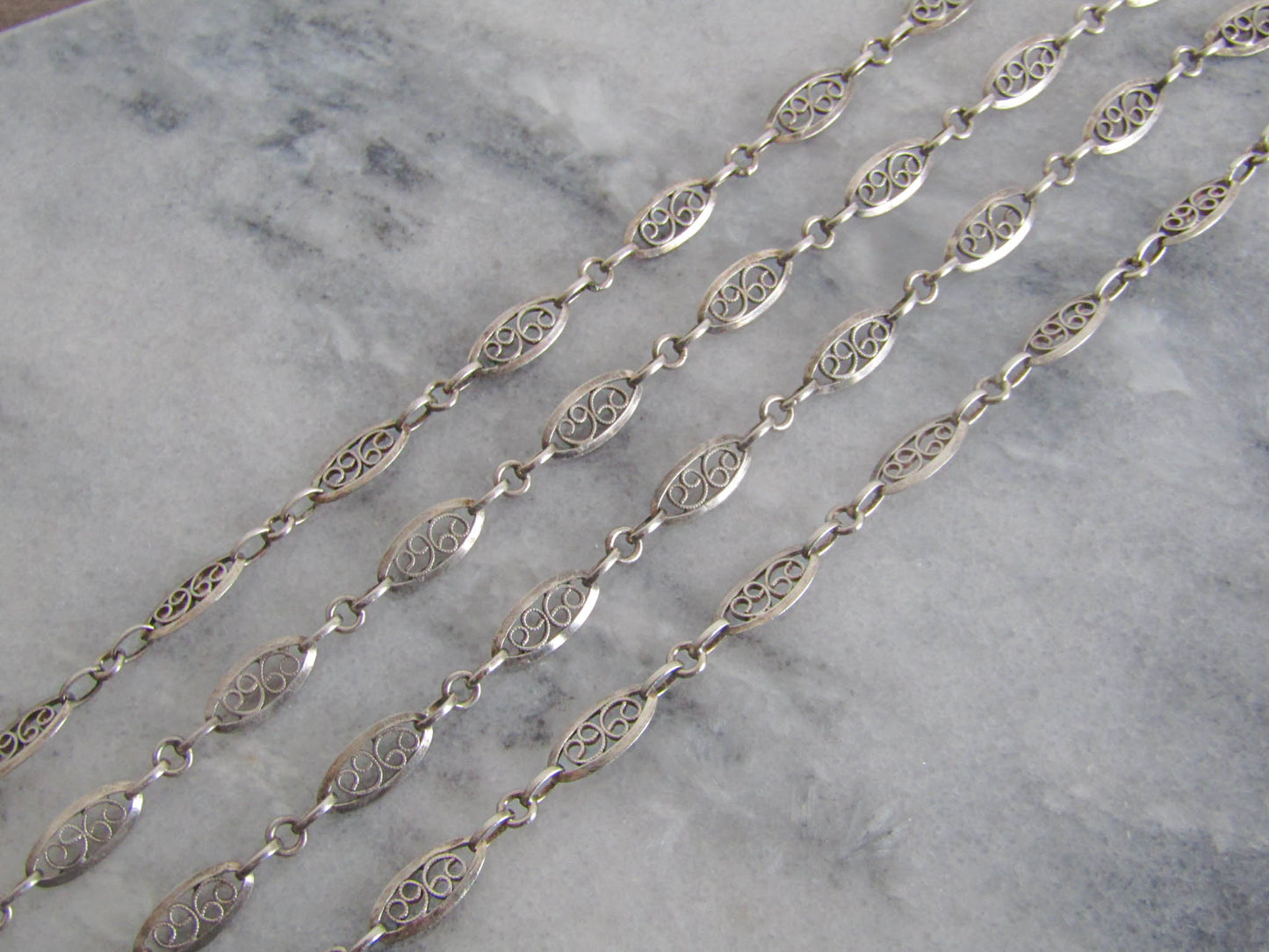 Antique French Silver Filigree Heart Chain, Half Guard Long Sautoir Necklace