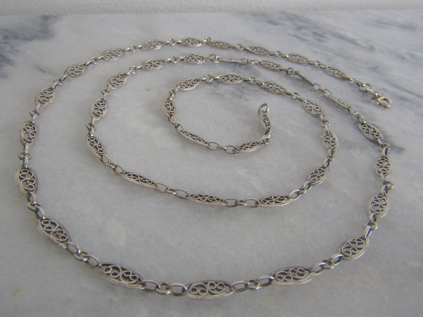 Antique French Silver Filigree Heart Chain, Half Guard Long Sautoir Necklace