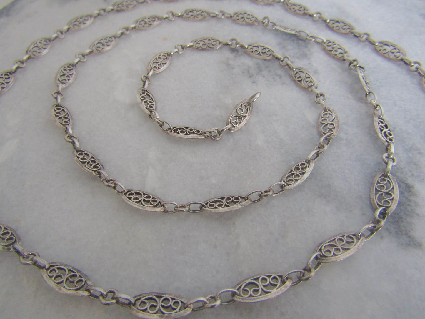 Antique French Silver Filigree Heart Chain, Half Guard Long Sautoir Necklace