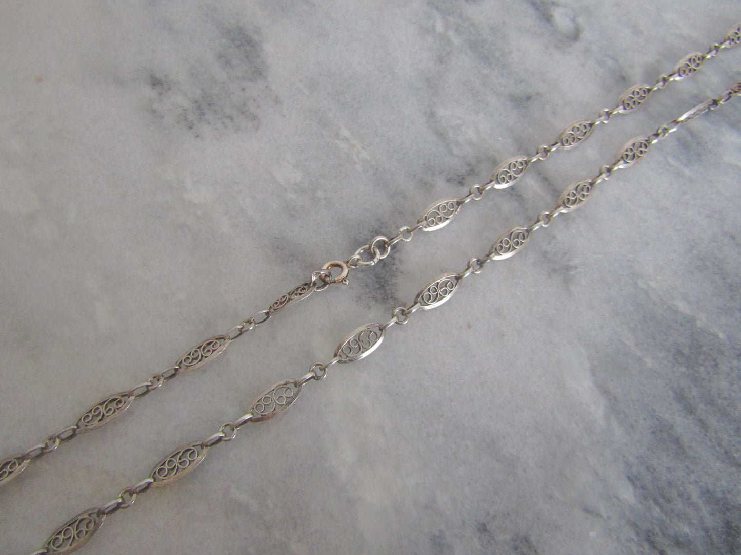 Antique French Silver Filigree Heart Chain, Half Guard Long Sautoir Necklace