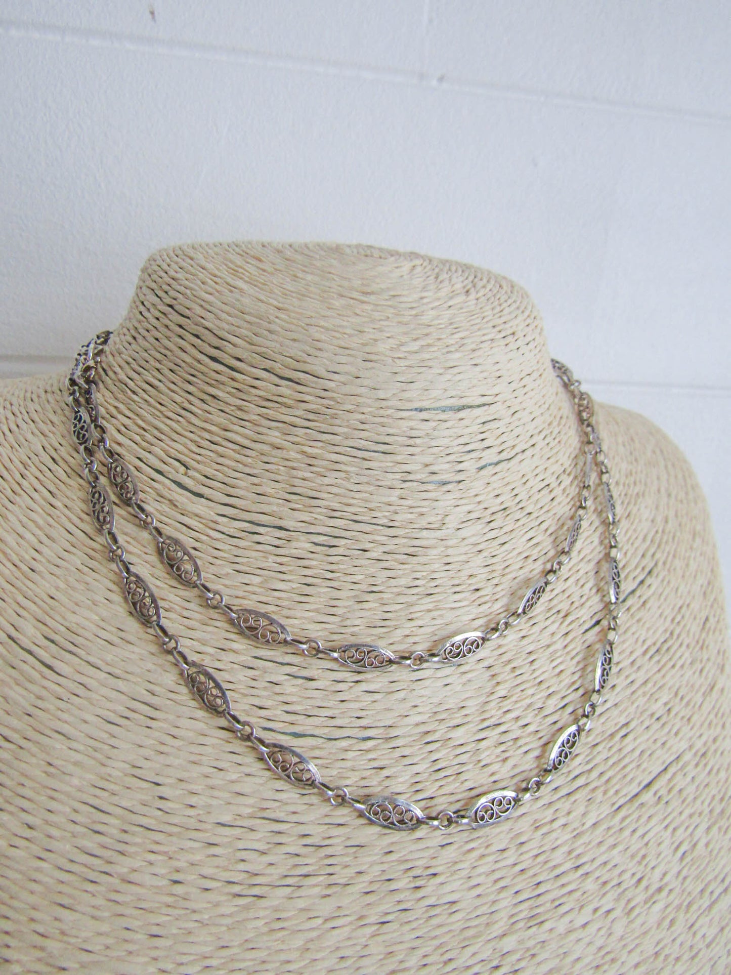 Antique French Silver Filigree Heart Chain, Half Guard Long Sautoir Necklace