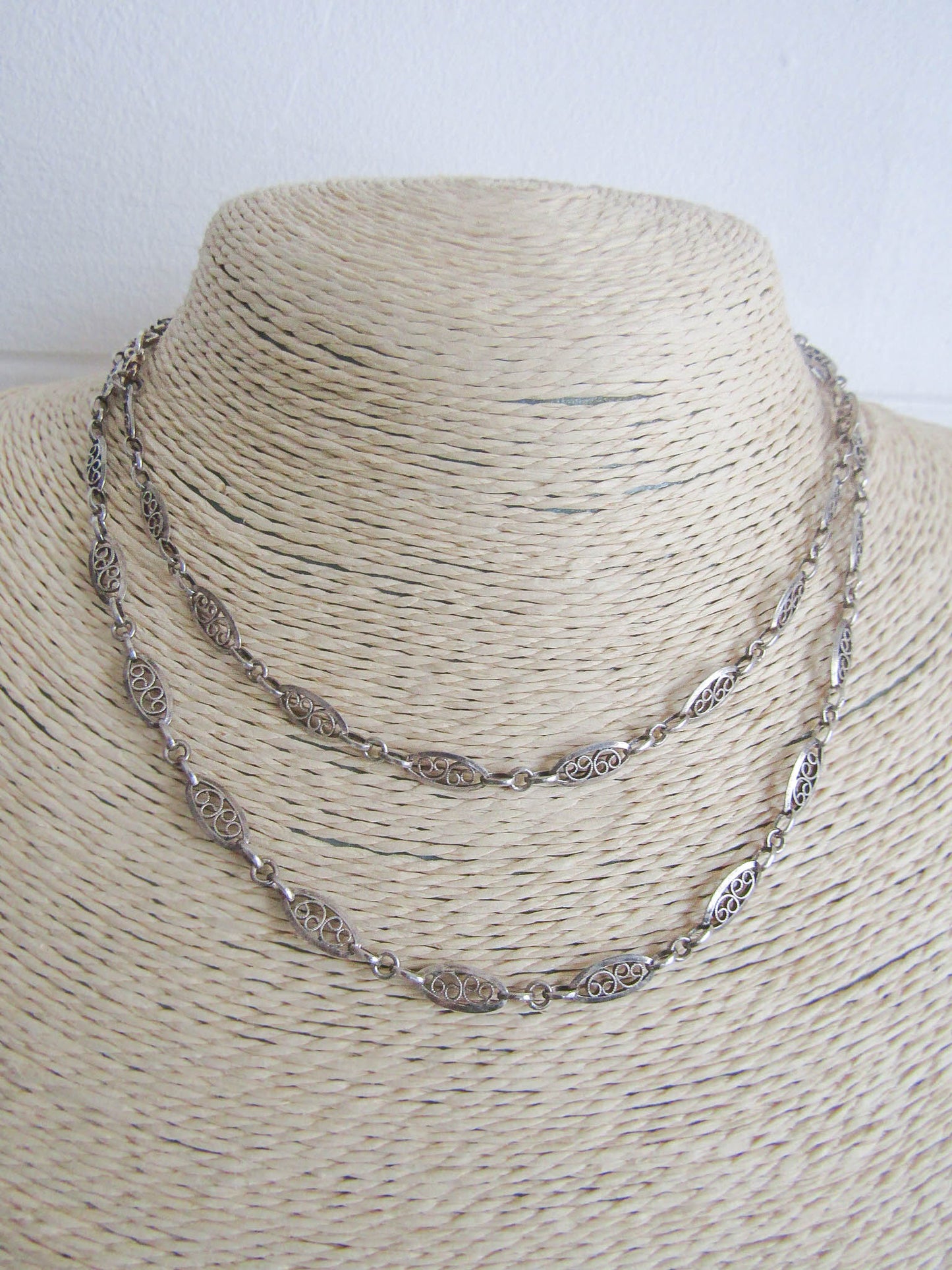 Antique French Silver Filigree Heart Chain, Half Guard Long Sautoir Necklace