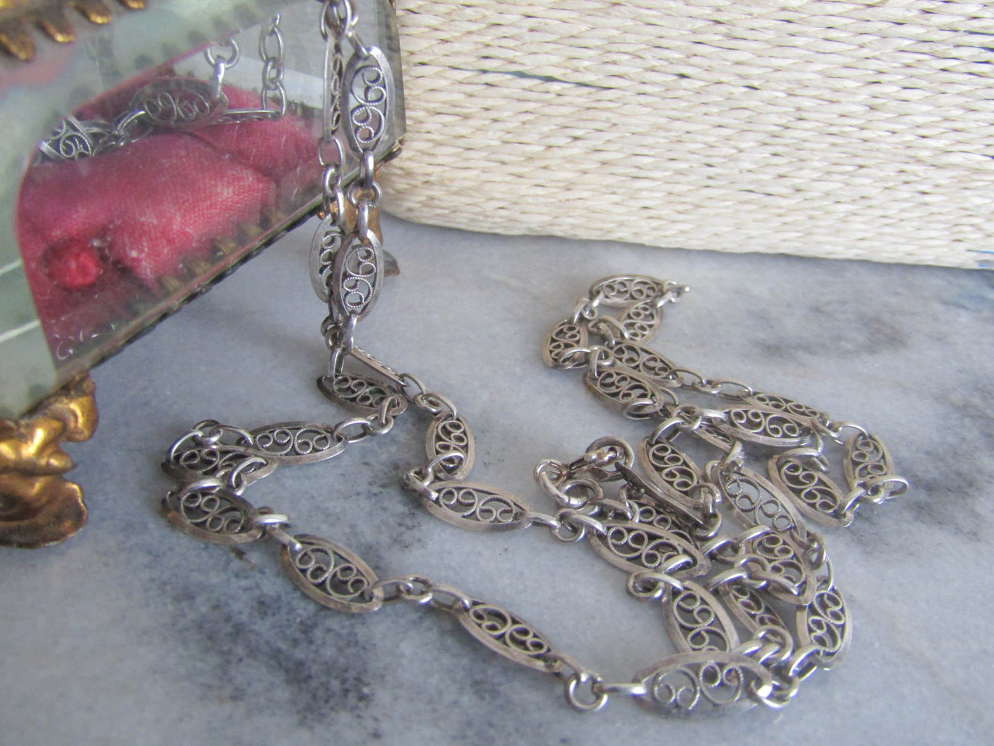 Antique French Silver Filigree Heart Chain, Half Guard Long Sautoir Necklace