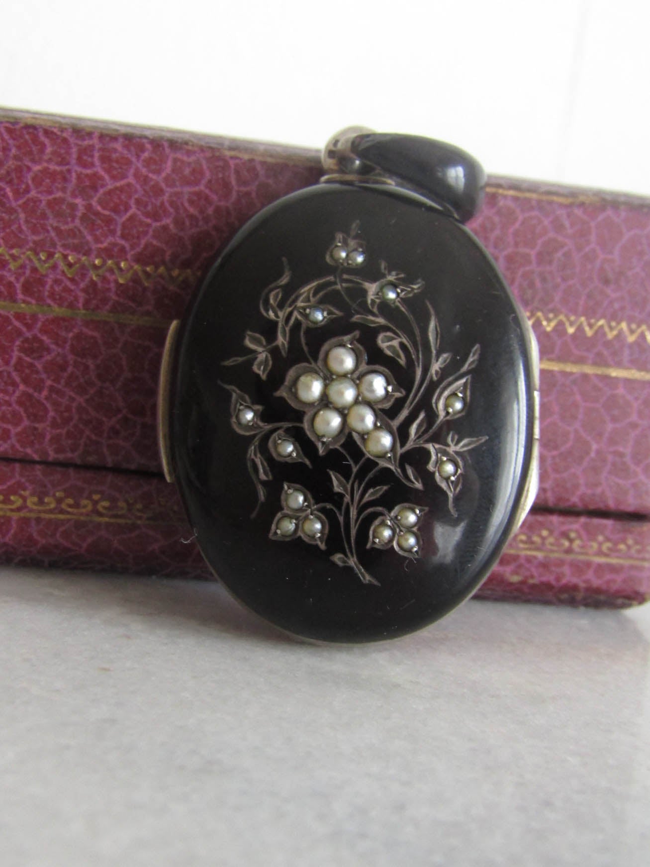 Antique Silver Forget me Not Black Enamel Mourning Locket, XIX century locket