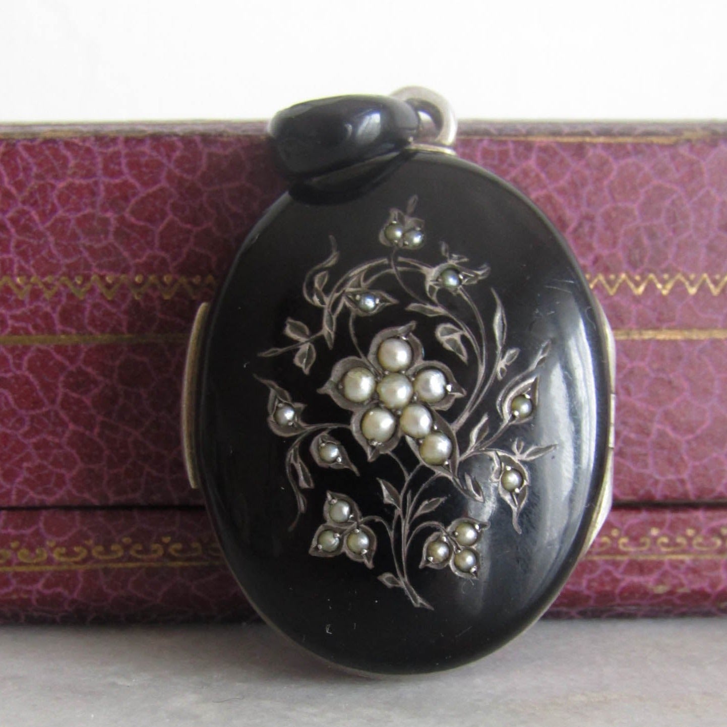 Antique Silver Forget me Not Black Enamel Mourning Locket, XIX century locket